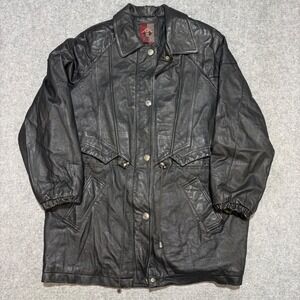 G-III Vintage Black Leather Parka Jacket Drawstring Waist Western Yoke Large